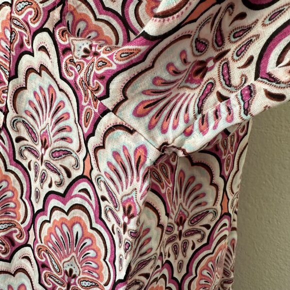 Chico's No Iron Linen Button Up Casual Blouse 3/4 Sleeve Chest Pocket Pink Paisl - Picture 6 of 11
